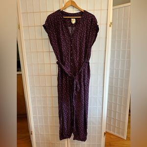 Navy and Purple Maeve Anthropologie Geoscope Rayon Button Up Jumpsuit, Medium
